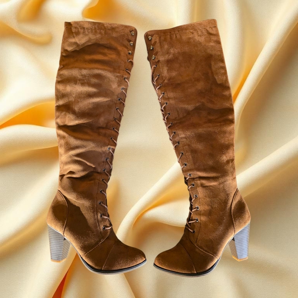 Tan Over the Knee Suade Lace-Up Boots EUC